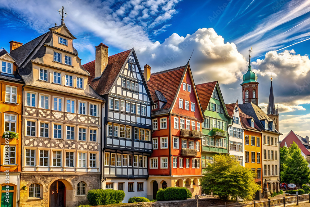 Naklejka premium Colorful historic buildings line a picturesque street under a dramatic sky, showcasing beautiful architecture and vibrant facades.