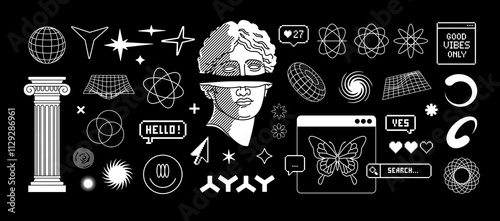Retro futuristic set of antique statue, techno forms, abstract geometric shapes, wireframe, HUD elements, cyberpunk and sci-fi grids - brutalist style vector