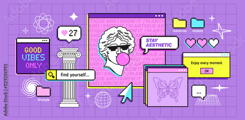 Abstract groovy aesthetic background in vaporwave retro style with motivation quotes. Trendy techno aesthetic 90s - 2000s illustration. Y2k posters, social media posts in retro game style wallpaper