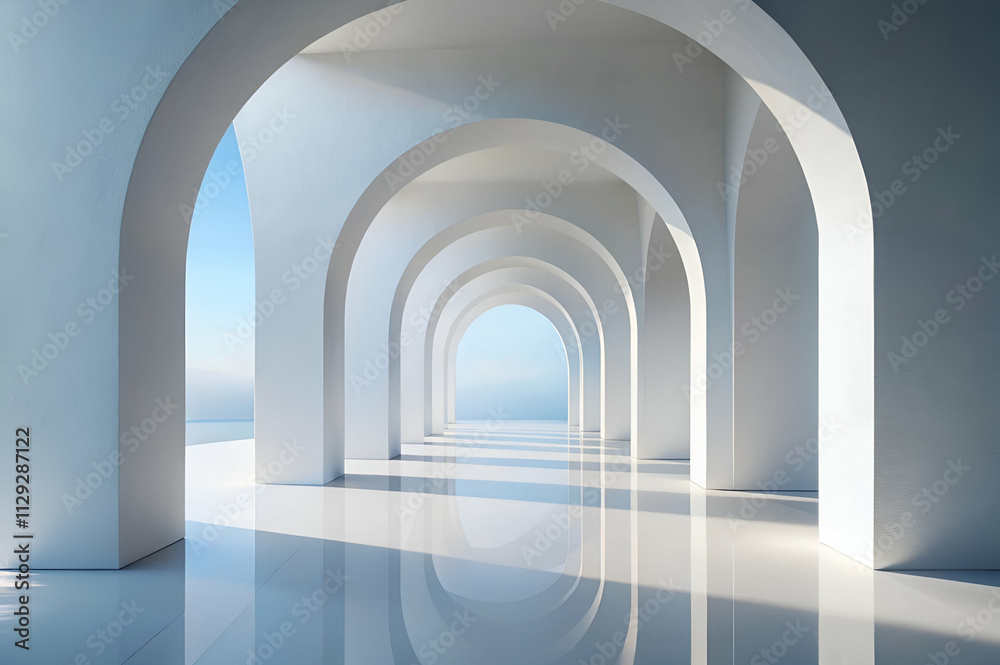 A serene architectural space featuring multiple white arches and a reflective floor with a clear blue sky in the background. A serene architectural space featuring multiple white arches and a reflective floor with a clear blue sky in the background.