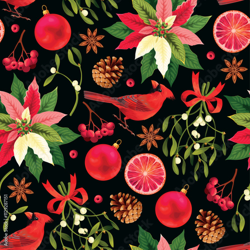 Seamless pattern with parts of winter plants