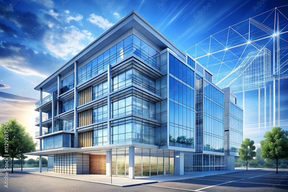 A modern glass-fronted building with multiple levels, surrounded by greenery, against a vibrant sky, showcasing contemporary architecture. A modern glass-fronted building with multiple levels, surrounded by greenery, against a vibrant sky, showcasing contemporary architecture.