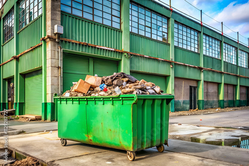 A green dumpster overflowing with trash is placed in front of a large industrial building with green walls and tall windows.