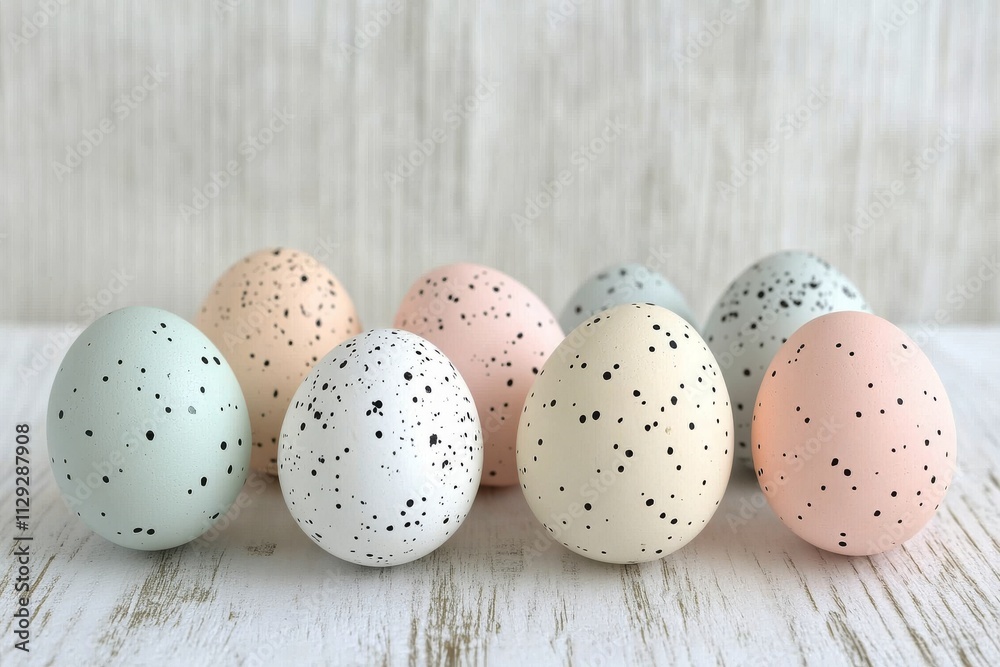 Fototapeta premium Colorful decorated eggs lined up on a white wooden table for Easter celebration