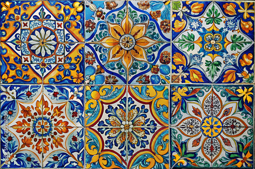 Vibrant ceramic tiles feature intricate floral patterns in blue, yellow, and orange, showcasing traditional craftsmanship and artistic design.