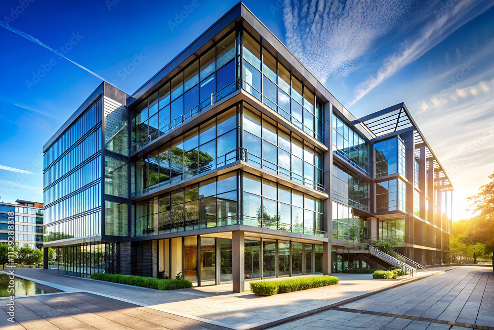Modern glass office building bathed in sunset light, surrounded by greenery and a clear sky, showcasing contemporary architecture. Modern glass office building bathed in sunset light, surrounded by greenery and a clear sky, showcasing contemporary architecture.