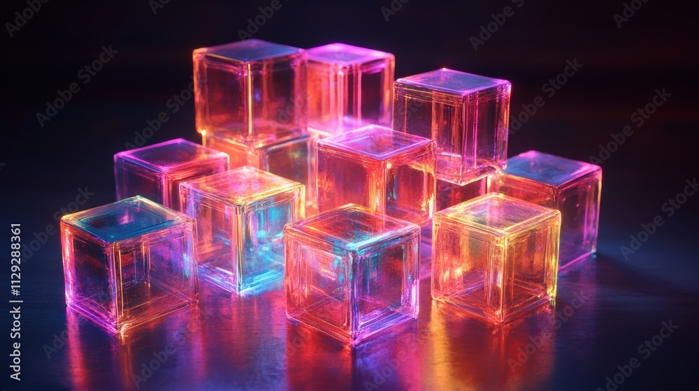 Glowing neon cubes embedded in nature with vivid flowers illuminated in the dark, creating a magical and futuristic atmosphere Glowing neon cubes embedded in nature with vivid flowers illuminated in the dark, creating a magical and futuristic atmosphere