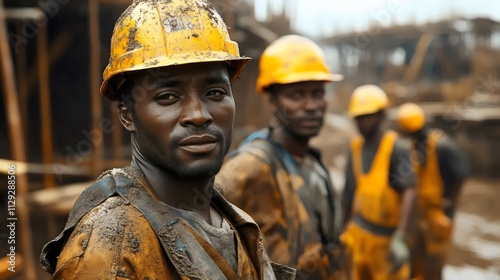 Three men wearing yellow helmets