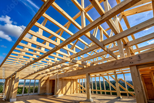 Open wooden framework of a house under construction with blue sky and clouds in the background, showcasing beams and natural light.