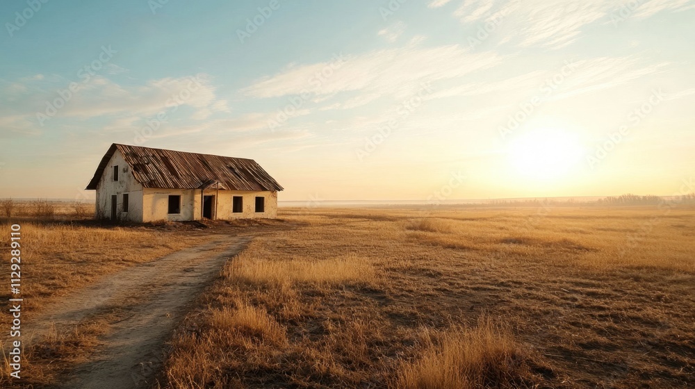Abandoned Rustic House on a Dry Field Under a Golden Sunset Sky