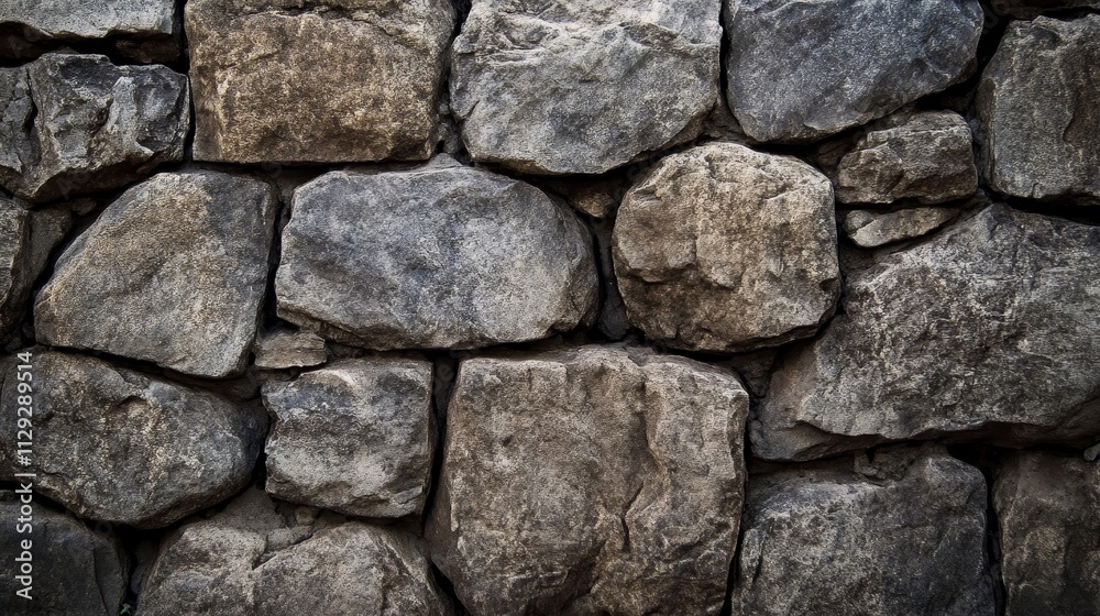 A close-up view of a rugged stone wall made up of various sized rocks. A close-up view of a rugged stone wall made up of various sized rocks.