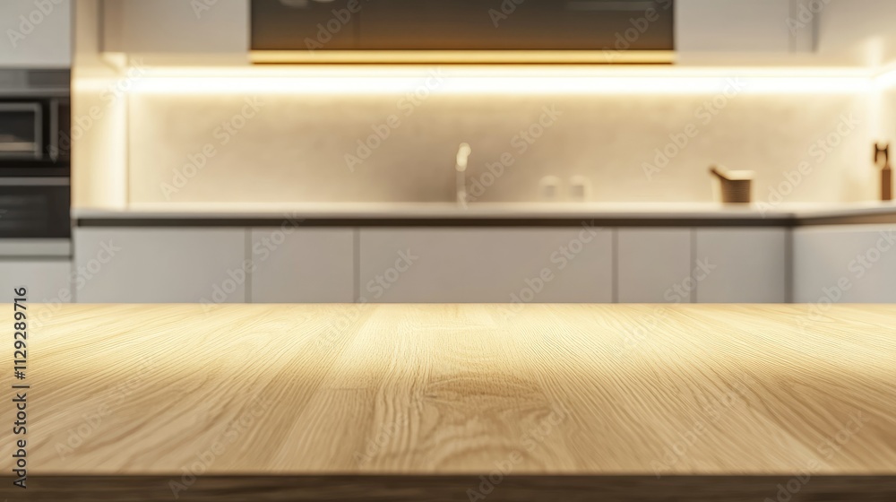 Wooden light empty table top in modern white kitchen, kitchen panel in interior Wooden light empty table top in modern white kitchen, kitchen panel in interior