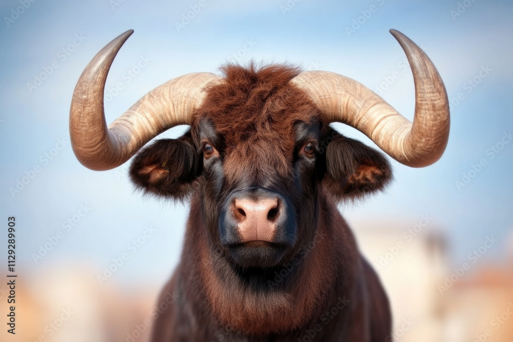 A majestic buffalo with large, curved horns against a blurred background, symbolizing strength and resilience, captured with detailed features and a neutral tone. A majestic buffalo with large, curved horns against a blurred background, symbolizing strength and resilience, captured with detailed features and a neutral tone.