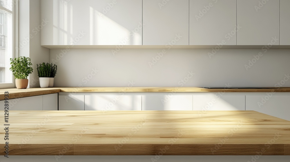 Wooden light empty table top in modern white kitchen, kitchen panel in interior Wooden light empty table top in modern white kitchen, kitchen panel in interior