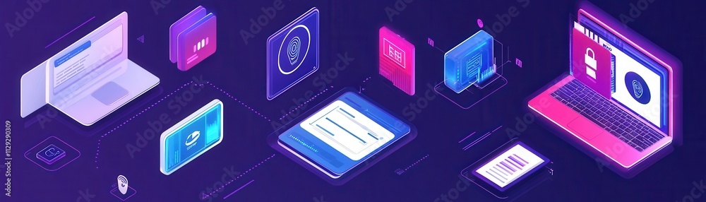 Modern digital devices and software icons on a vibrant background for tech visuals. Modern digital devices and software icons on a vibrant background for tech visuals.