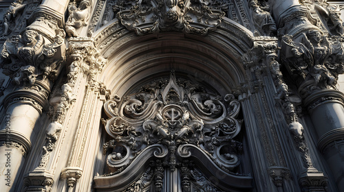 A detailed shot of the grand entrance gate, showcasing its architectural grandeur and ornate carvings. Basilica. Illustration