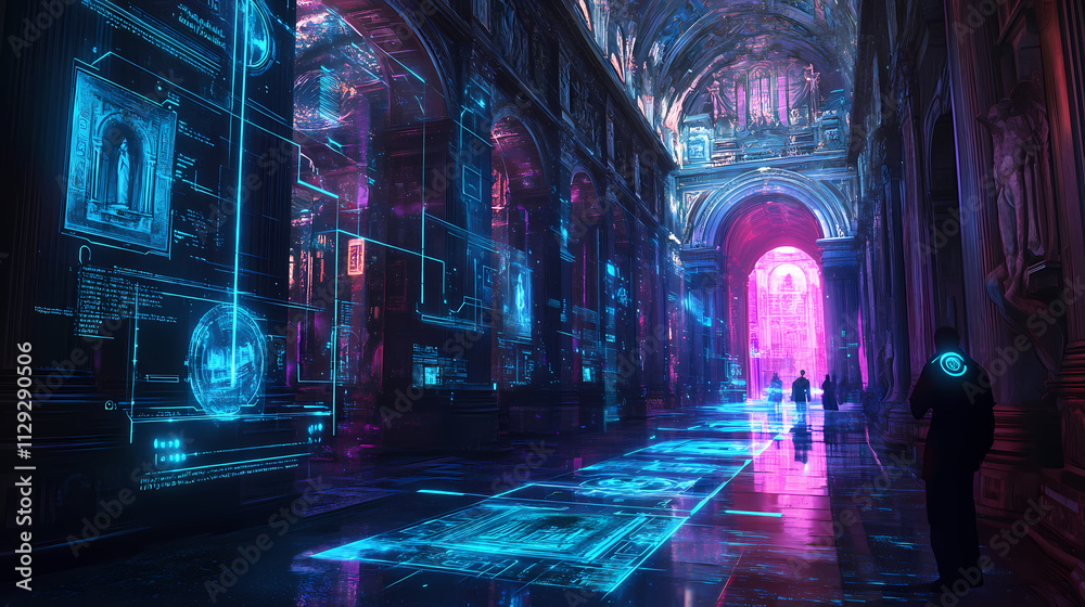 A glowing augmented reality interface wallpaper overlaying a real-world scene, showcasing the blend of technology and life. Basilica. Illustration A glowing augmented reality interface wallpaper overlaying a real-world scene, showcasing the blend of technology and life. Basilica. Illustration