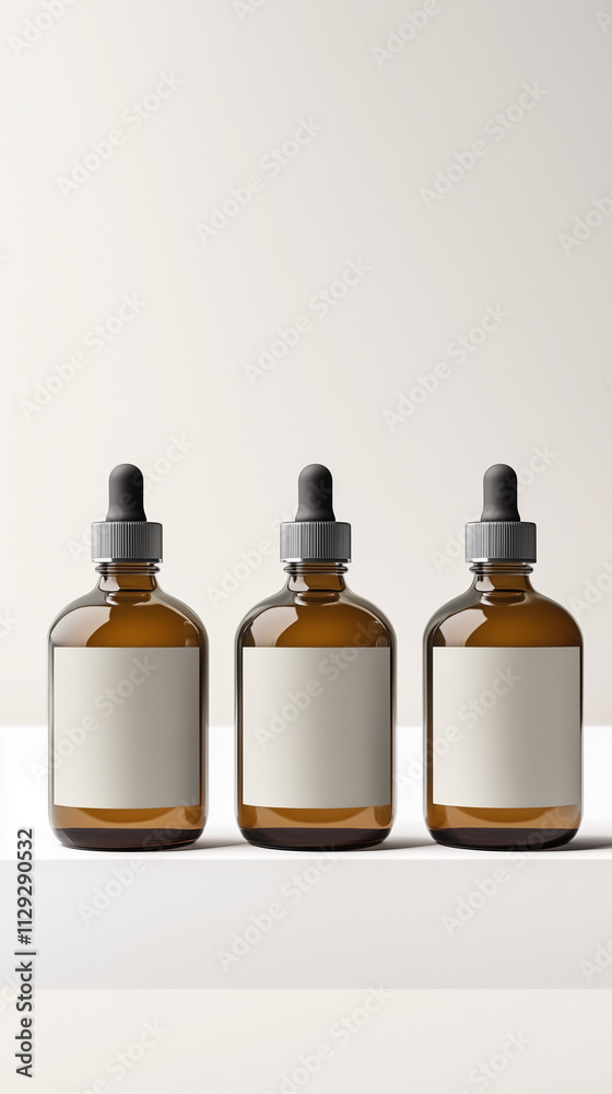 Serum and essential cosmetic oil amber bottle prop with dropper and blank label droppers labels shadows in the background Serum and essential cosmetic oil amber bottle prop with dropper and blank label droppers labels shadows in the background