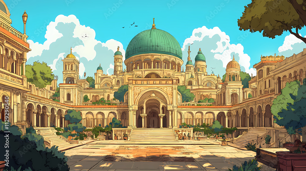 Obraz premium A grand, ornate palace with a large green dome on top, surrounded by other ornate buildings in a courtyard setting. Basilica. Illustration