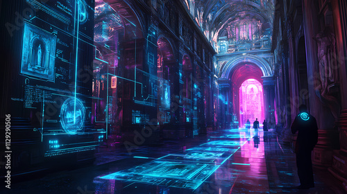A glowing augmented reality interface wallpaper overlaying a real-world scene  showcasing the blend of technology and life. Basilica. Illustration