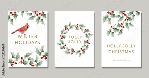 Christmas nature design greeting cards template, wreath, text, white background. Green holly twigs with red berries, cardinal bird. Vector  illustration. Winter forest. New year holidays