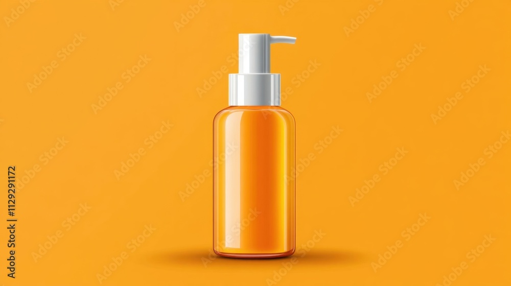 Clear Glass Pump Bottle with Orange Liquid on Bright Yellow Background Clear Glass Pump Bottle with Orange Liquid on Bright Yellow Background