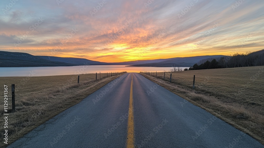 The empty road leading to the lake by sunset The empty road leading to the lake by sunset