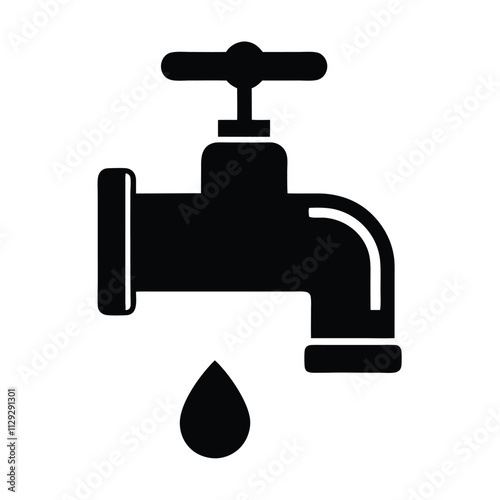 a black and white icon of a faucet with a single drop of water coming out of it.