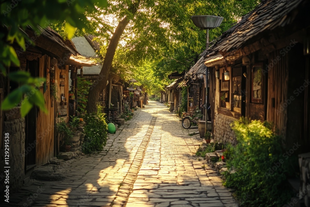 Sunlit cobblestone lane in quaint village with traditional wooden houses. Sunlit cobblestone lane in quaint village with traditional wooden houses.
