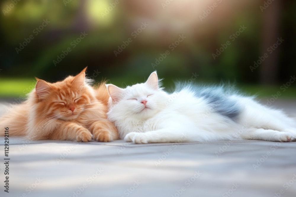 A ginger and a white cat cuddle while sleeping on a sunlit patio, embodying a sense of peace, comfort, and companionship in an outdoor setting. A ginger and a white cat cuddle while sleeping on a sunlit patio, embodying a sense of peace, comfort, and companionship in an outdoor setting.