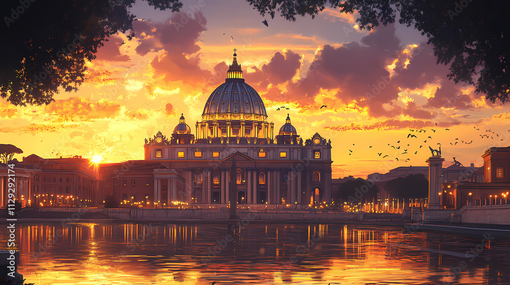 Obraz premium An iconic landmark during golden hour, with the warm glow of the setting sun casting a magical light on the architectural masterpiece, inviting exploration and discovery. Basilica. Illustration