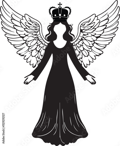 Silhouette of female angel woman with feather wings black illustration isolated on white background vector.