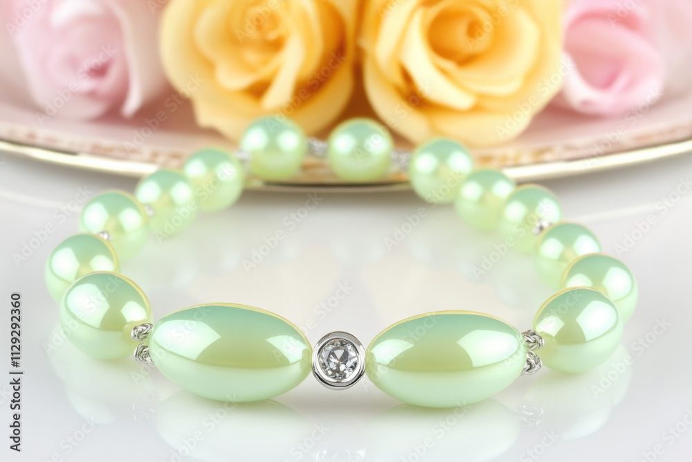 A soft pastel green bead bracelet displayed elegantly on a table adorned with delicate flowers, representing beauty, elegance, and tranquility in design. A soft pastel green bead bracelet displayed elegantly on a table adorned with delicate flowers, representing beauty, elegance, and tranquility in design.