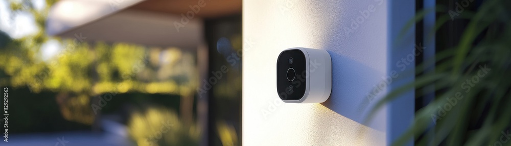 Modern security camera mounted on a wall, capturing outdoor scenery and providing surveillance. Modern security camera mounted on a wall, capturing outdoor scenery and providing surveillance.