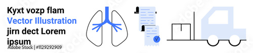 Lung diagram, document with check mark, delivery truck. Ideal for logistics, healthcare, medical, delivery services, documentation, transportation, and educational themes Landing page