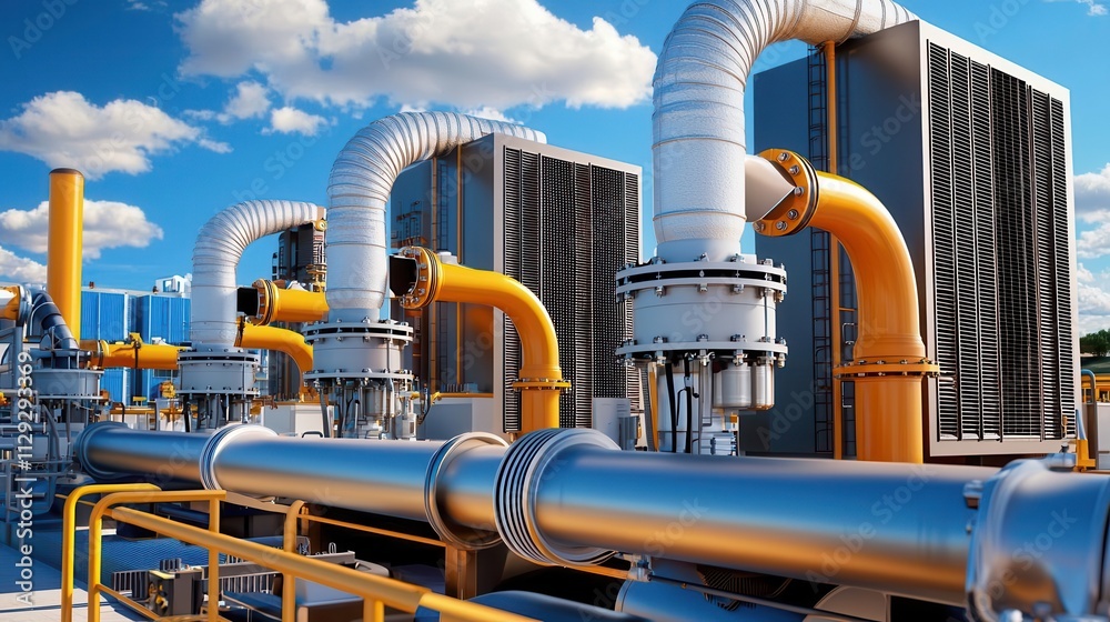 HVAC system concept. Industrial piping system with blue sky background, showcasing advanced engineering and infrastructure. HVAC system concept. Industrial piping system with blue sky background, showcasing advanced engineering and infrastructure.