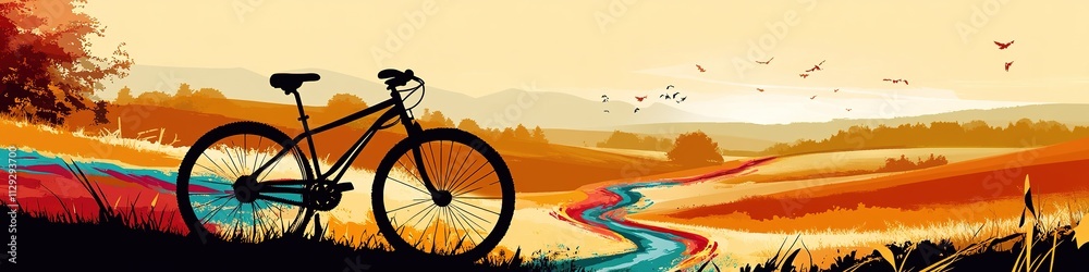 Bicycle silhouette on scenic autumn backdrop Bicycle silhouette on scenic autumn backdrop