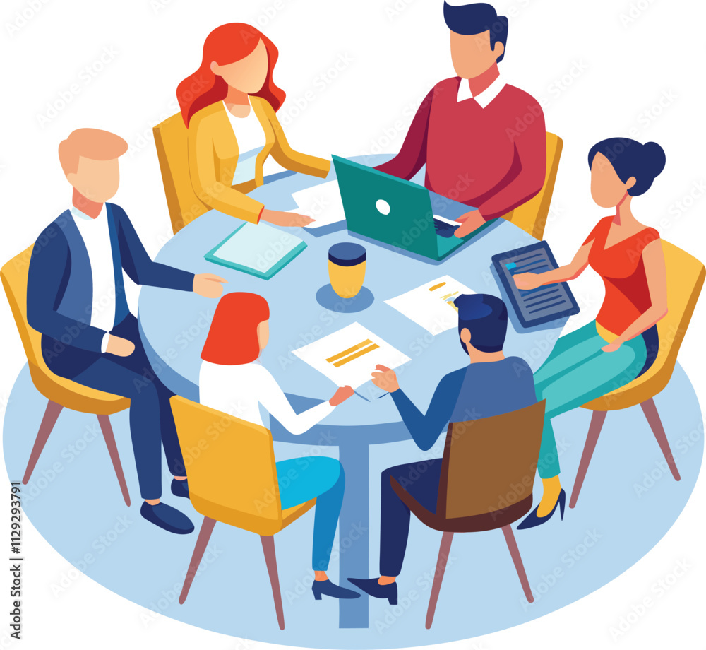 Partners meeting for business discussion with documents and laptop on desk. Couple at round table, speaking, discussing work, partnership. Flat vector on a white background Partners meeting for business discussion with documents and laptop on desk. Couple at round table, speaking, discussing work, partnership. Flat vector on a white background