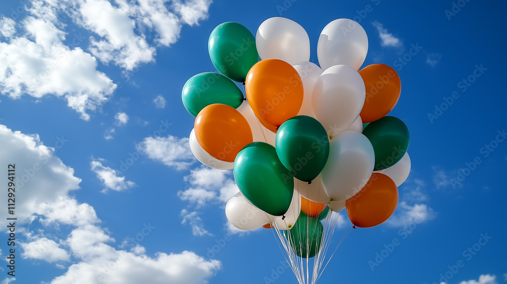 Republic Day, 26th January, Independence Day, 15th August, India, bunch of balloons in colors of green, orange, and white against a blue sky with clouds Republic Day, 26th January, Independence Day, 15th August, India, bunch of balloons in colors of green, orange, and white against a blue sky with clouds