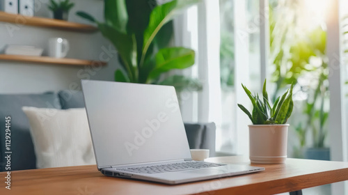 serene home office with laptop, plants, and natural light