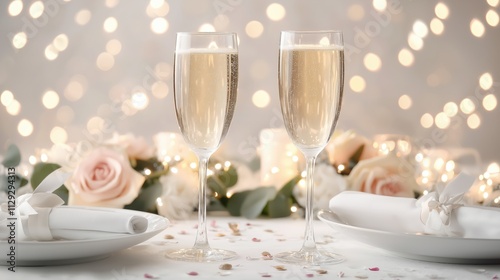 Romantic Celebration Setting with Champagne Glasses and Pink Roses