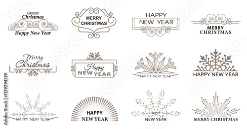 Holiday frames with Christmas and New Year greetings. Border of lines, dots and snowflakes. Geometric New Year pattern.  Designer shapes for invitations and holiday cards. Vector illustration.