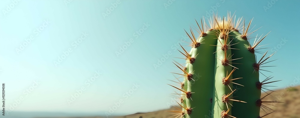 Naklejka premium A close-up view of a cactus, its vibrant green body covered in sharp, golden spines, contrasts against a serene blue sky. A subtle desert landscape hints at its habitat.