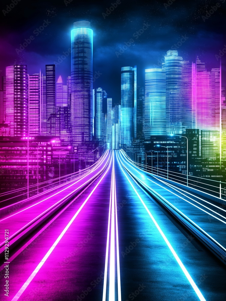 Neon Highway to Futuristic City Skyline Neon Highway to Futuristic City Skyline