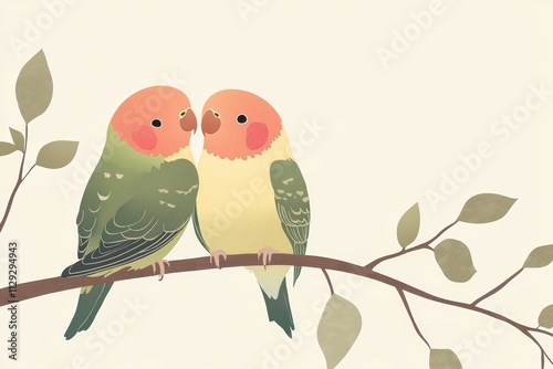 Two colorful, cartoon-style parrots snuggle together on a branch, surrounded by soft leaves, creating a warm and affectionate scene.