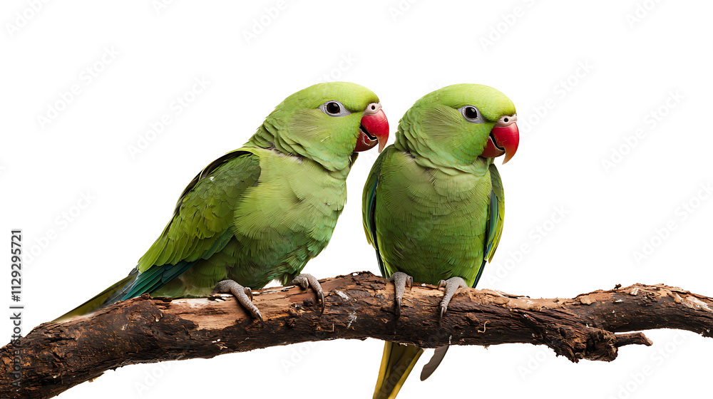 Fototapeta premium Two green parrots sitting on a branch