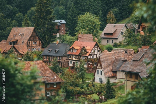 Picturesque half-timbered houses nestled in a lush green valley, viewed from an elevated perspective.