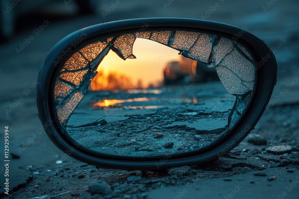 Broken Side Mirror in Urban Concrete Setting Broken Side Mirror in Urban Concrete Setting