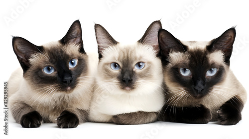 Three Siamese cats are laying on their sides, with their eyes closed