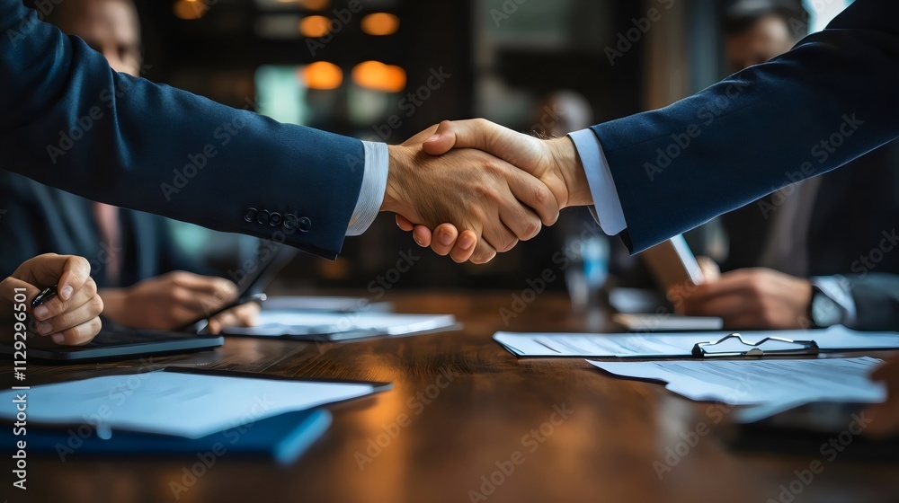 Two men shaking hands in front of a table with papers and a laptop Two men shaking hands in front of a table with papers and a laptop